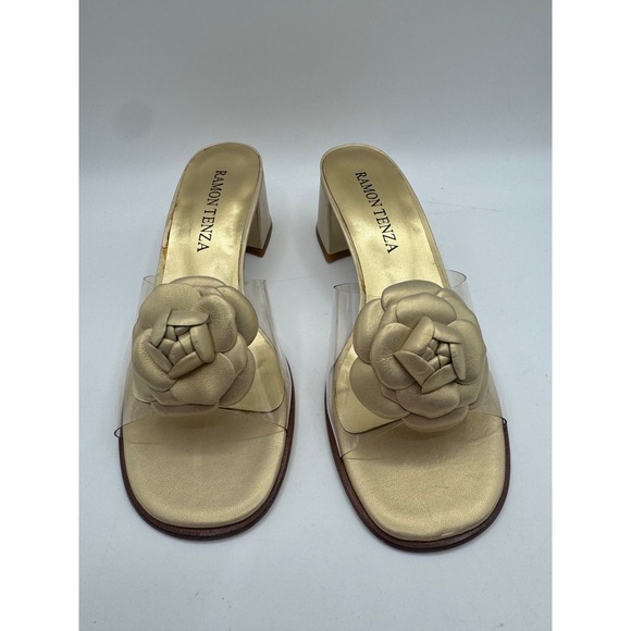 Vintage Ramon Tenza Gold‎ Leather Floral Slide Sandals Clear Strap 8N Spain Rare - Picture 1 of 7